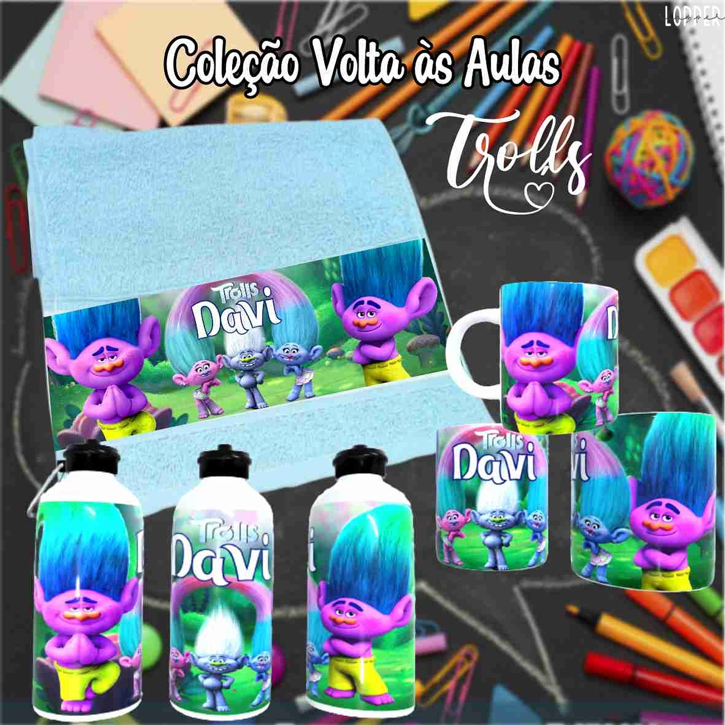 12 Artes para Caneca, Toalhinha e Squeeze Escolar Trolls Arquivo Editável 5