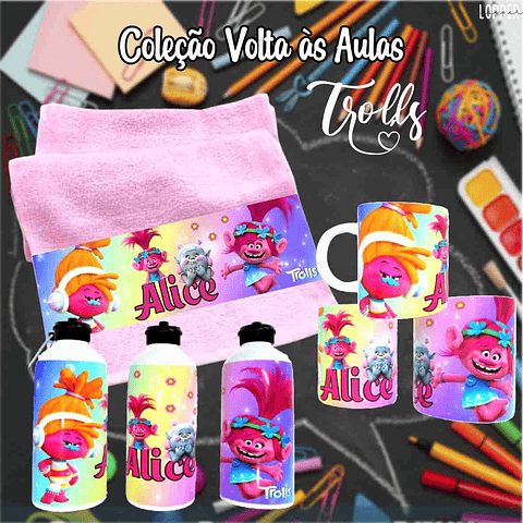 12 Artes para Caneca, Toalhinha e Squeeze Escolar Trolls Arquivo Editável