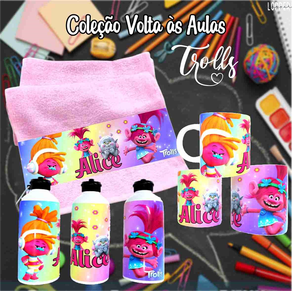 12 Artes para Caneca, Toalhinha e Squeeze Escolar Trolls Arquivo Editável 6