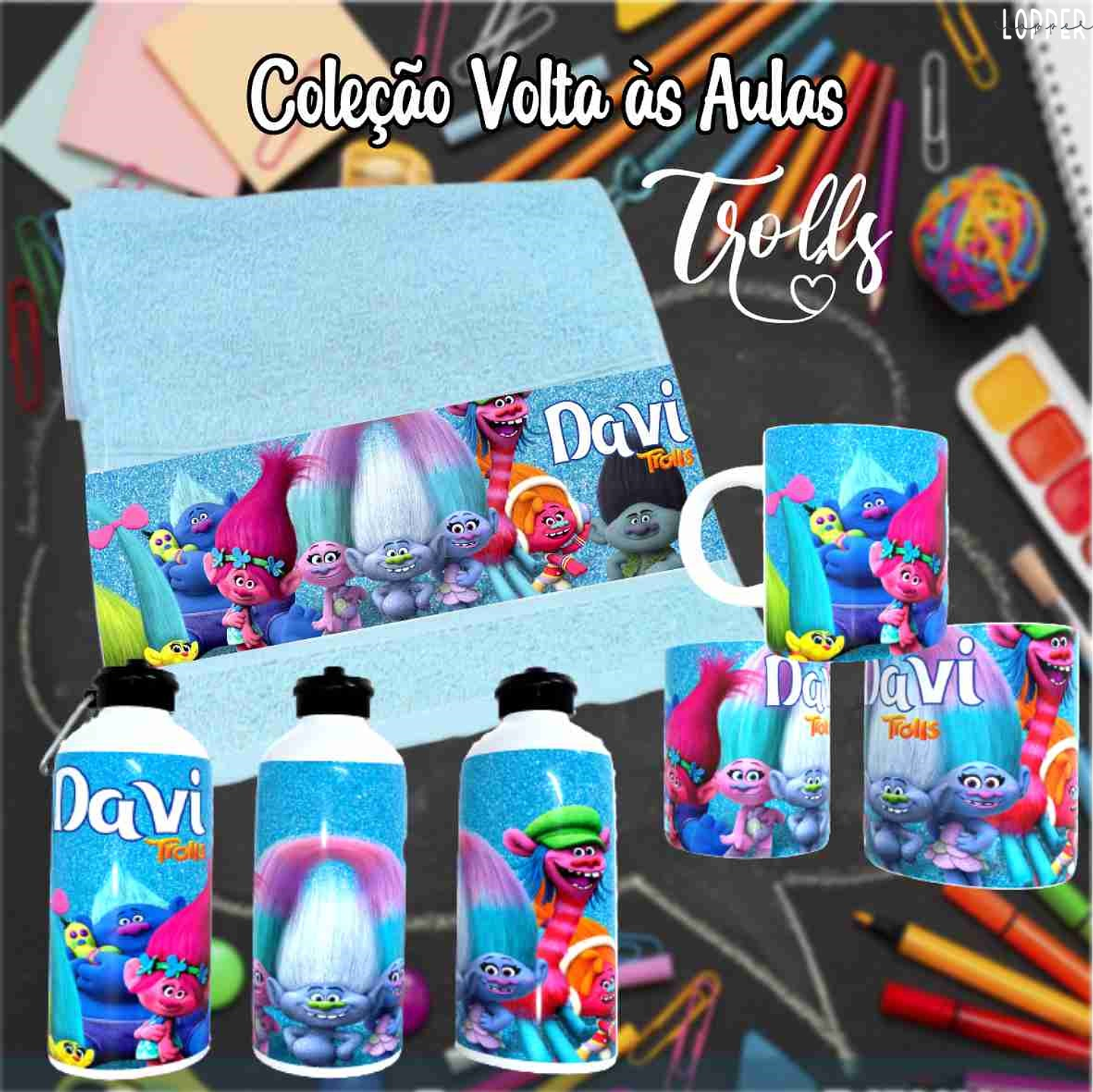 12 Artes para Caneca, Toalhinha e Squeeze Escolar Trolls Arquivo Editável 7