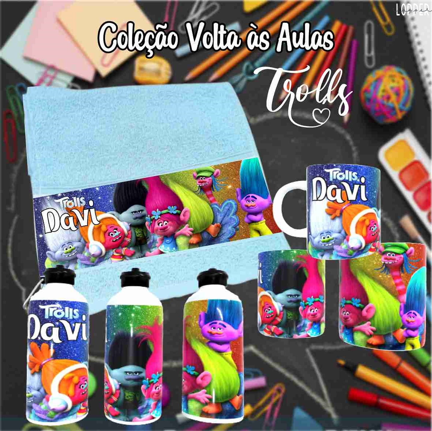 12 Artes para Caneca, Toalhinha e Squeeze Escolar Trolls Arquivo Editável 10