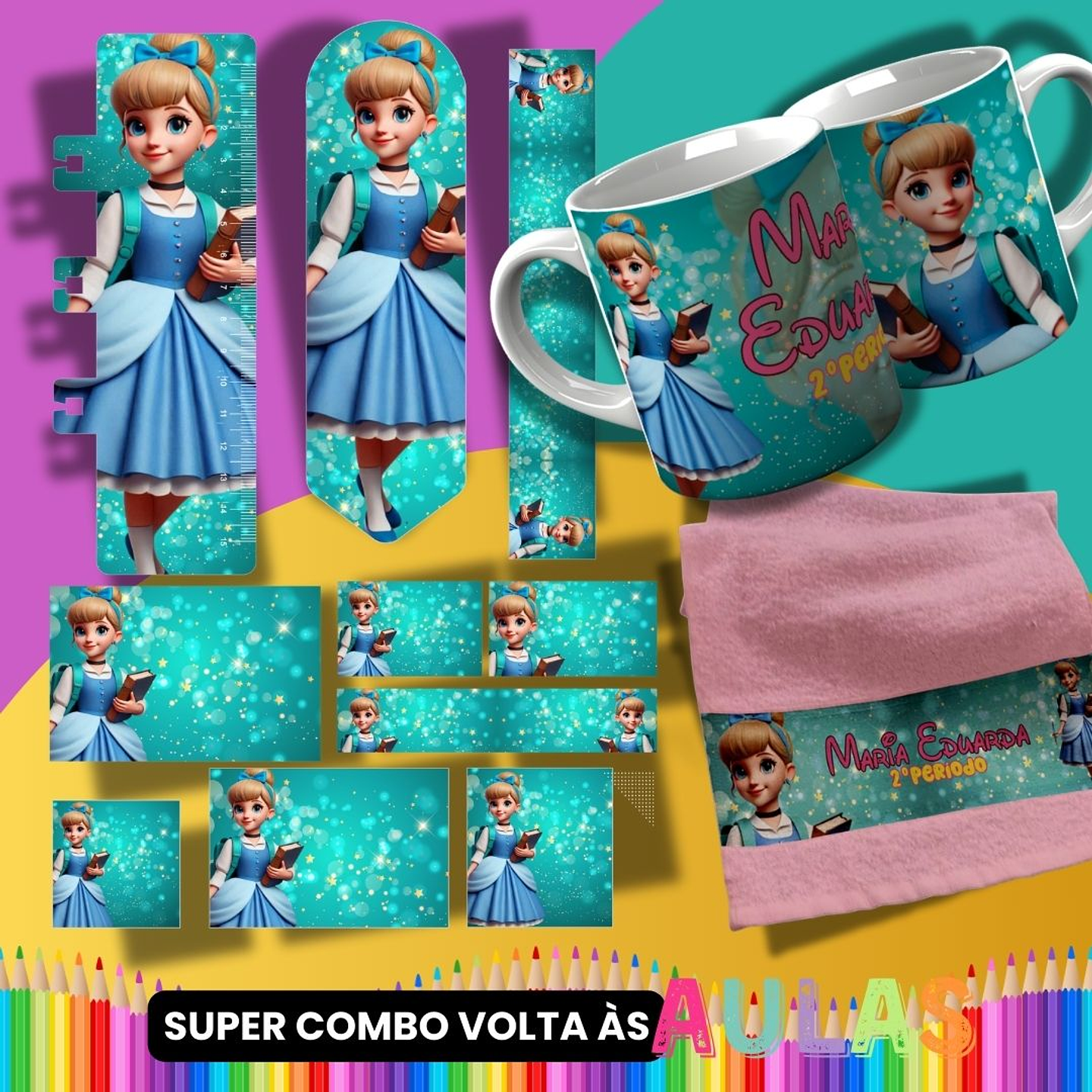 36 Artes para Caneca, Garrafinha e Toalha Princesas da Disney Arquivo Editável  9