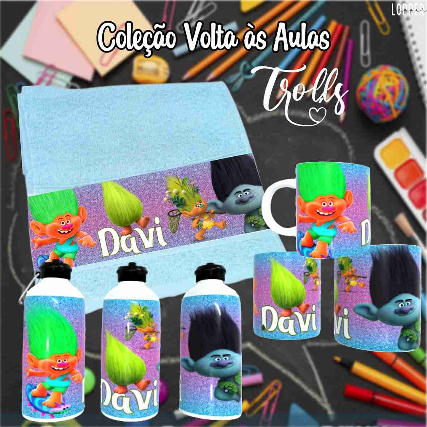 12 Artes para Caneca, Toalhinha e Squeeze Escolar Trolls Arquivo Editável 11