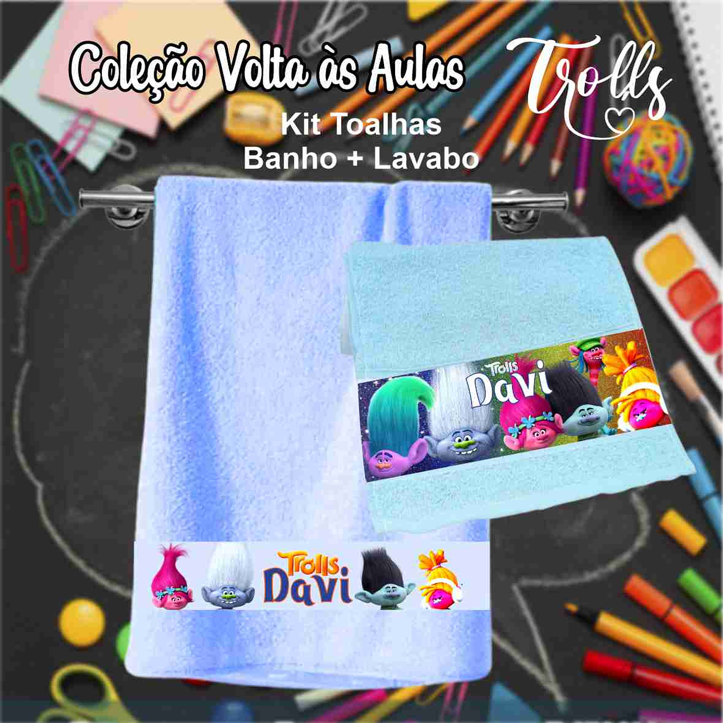 12 Artes para Caneca, Toalhinha e Squeeze Escolar Trolls Arquivo Editável 17