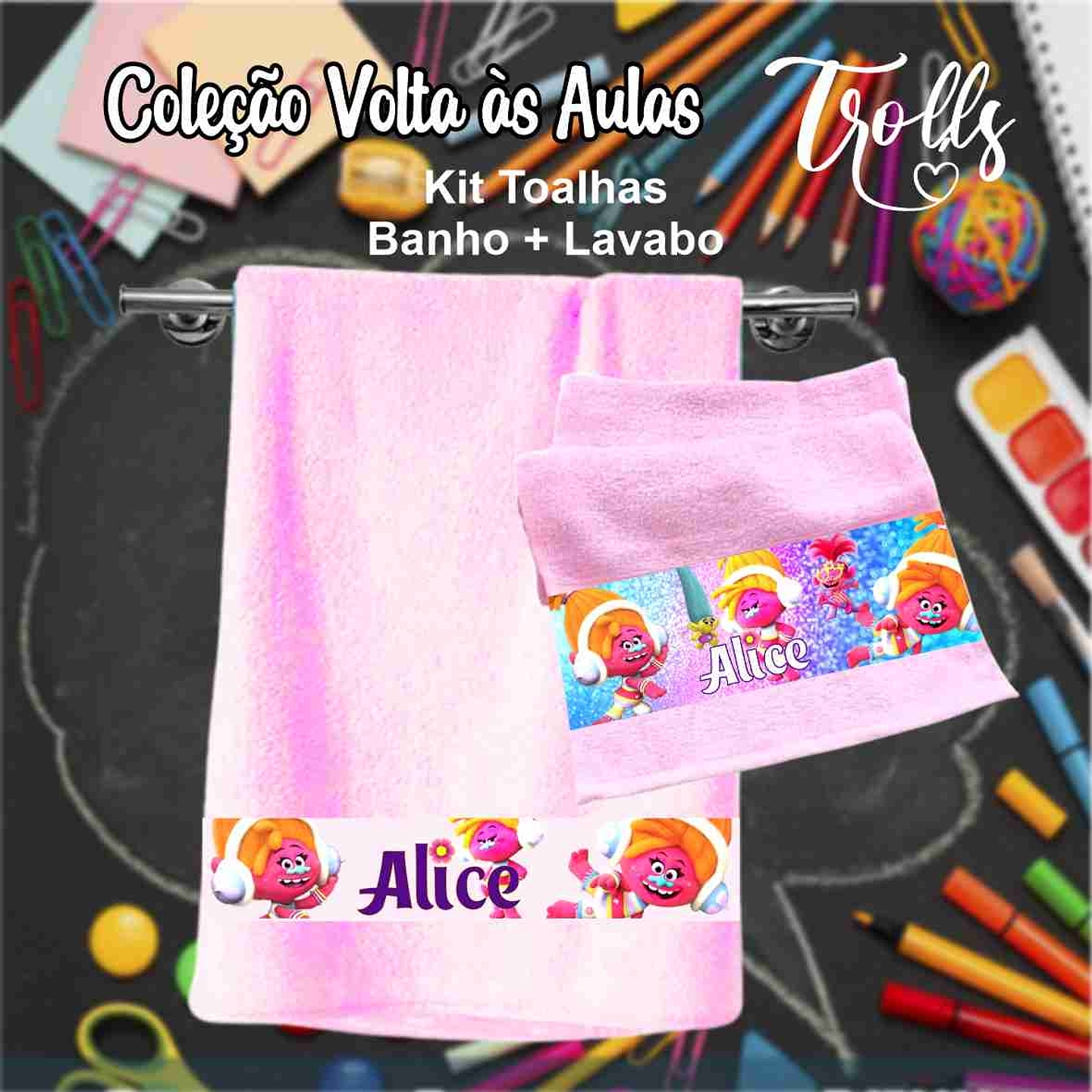 12 Artes para Caneca, Toalhinha e Squeeze Escolar Trolls Arquivo Editável 22