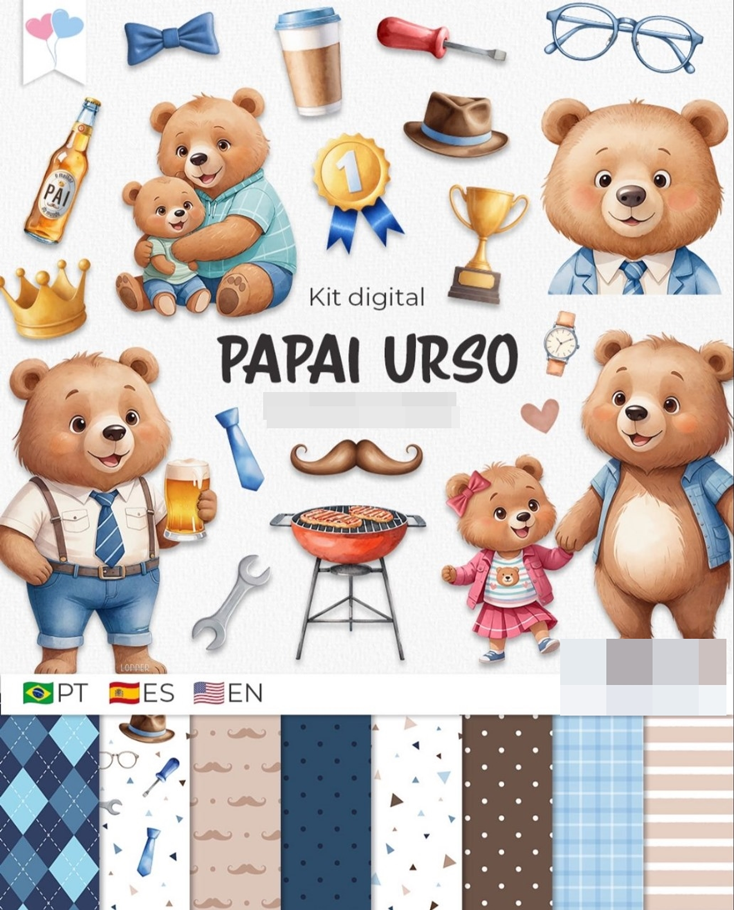 Kit Digital Papai Urso Dia dos Pais em Png 1