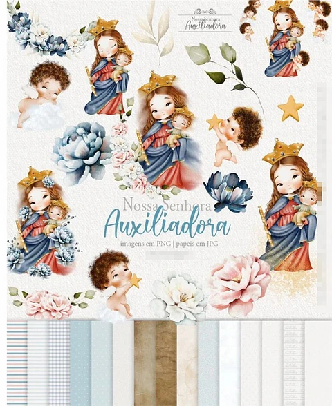 Kit Digital Santinhos Nossa Senhora Auxiliadora Aquarelado Png 