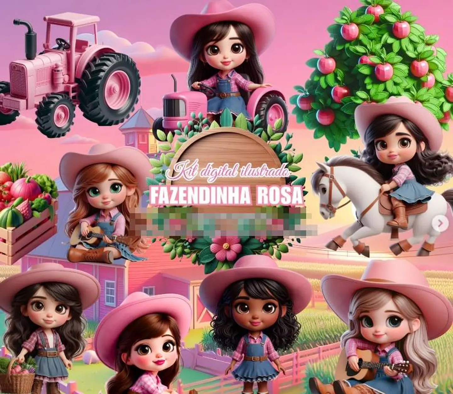 Kit Digital Fazendinha Rosa em Png 1