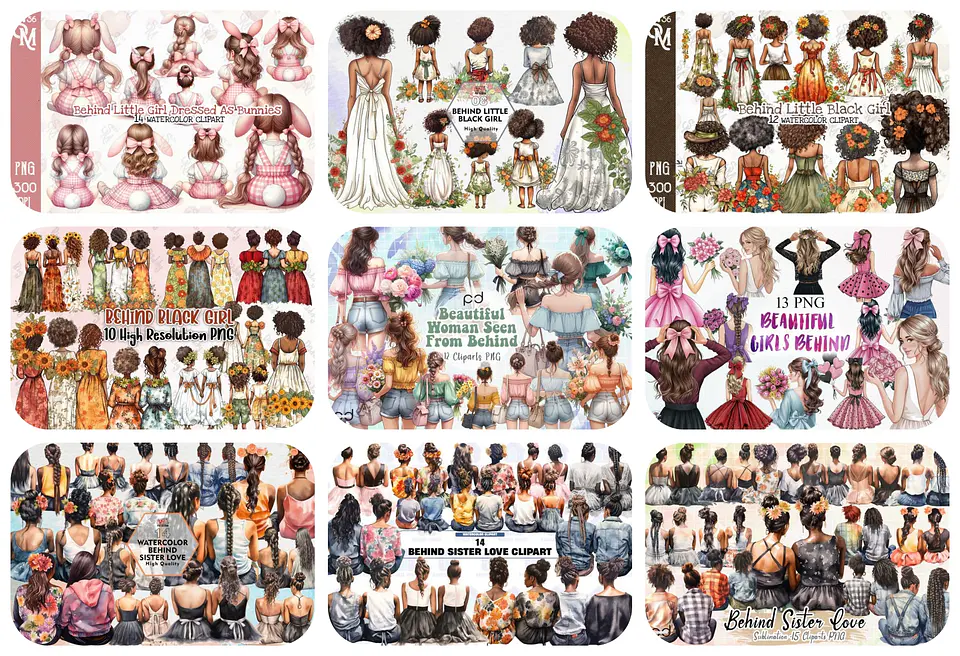 Kit Digital Mulheres e Meninas de Costas em Png 1