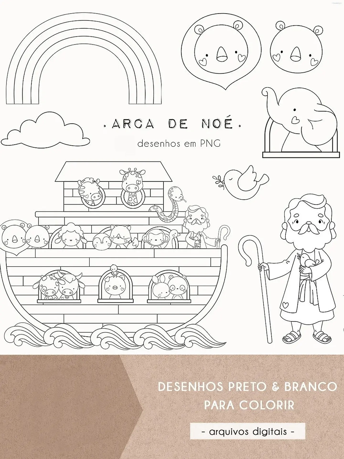 Kit Digital Arca de Noé para Colorir em Png 1
