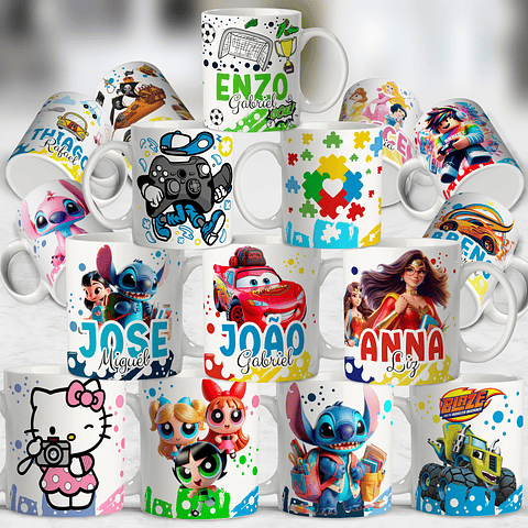 33 Artes para Caneca Personagens Volta as Aulas e Dia das Crianças Arquivo em Editável 