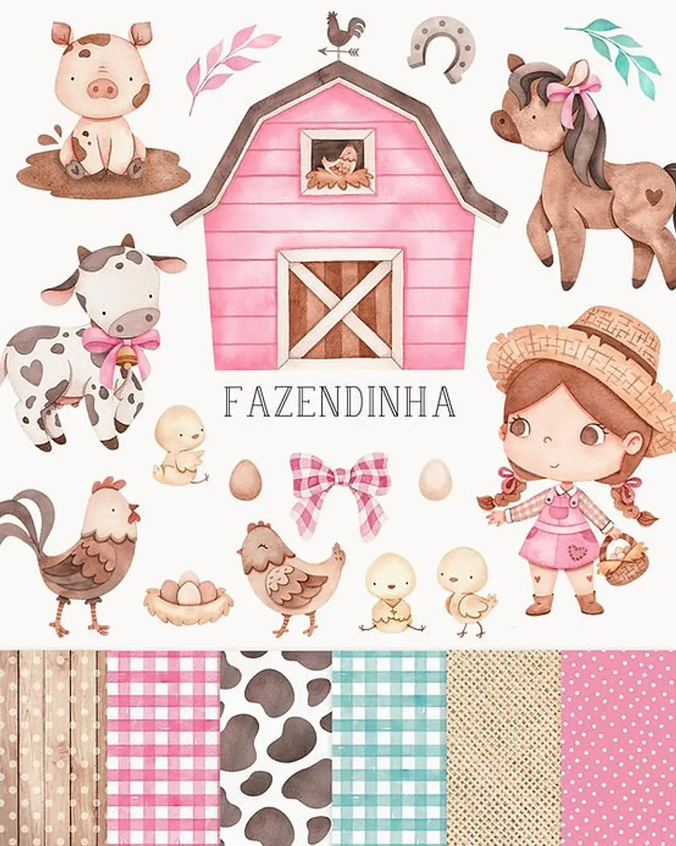 Kit Digital Fazendinha Rosa para em Png 1