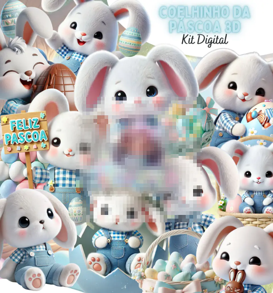 Kit Digital Coelhinha da Páscoa Azul 3d Arquivo em Png 1
