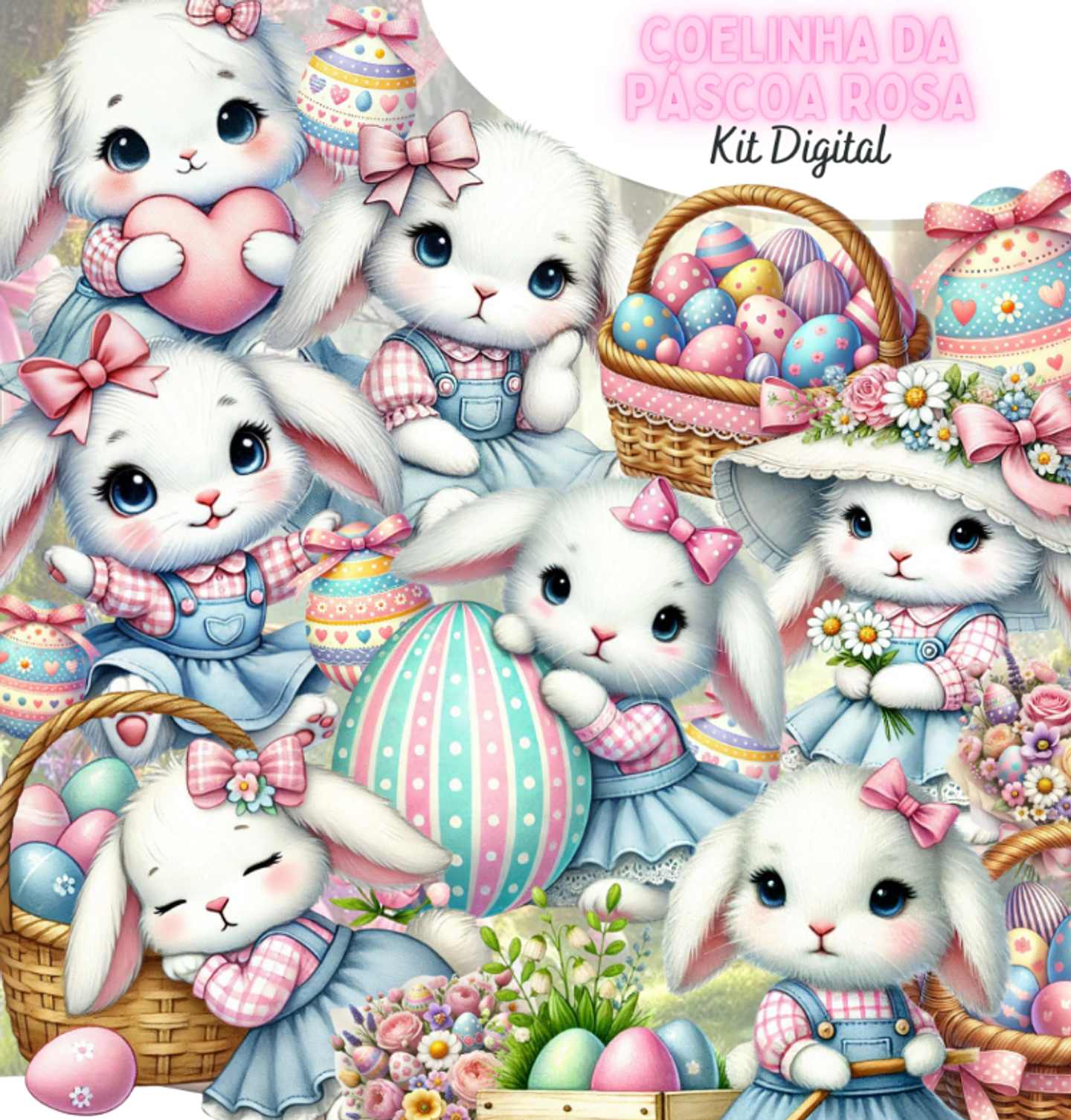 Kit Digital Coelhinha da Páscoa Rosa 3d Arquivo em Png 1