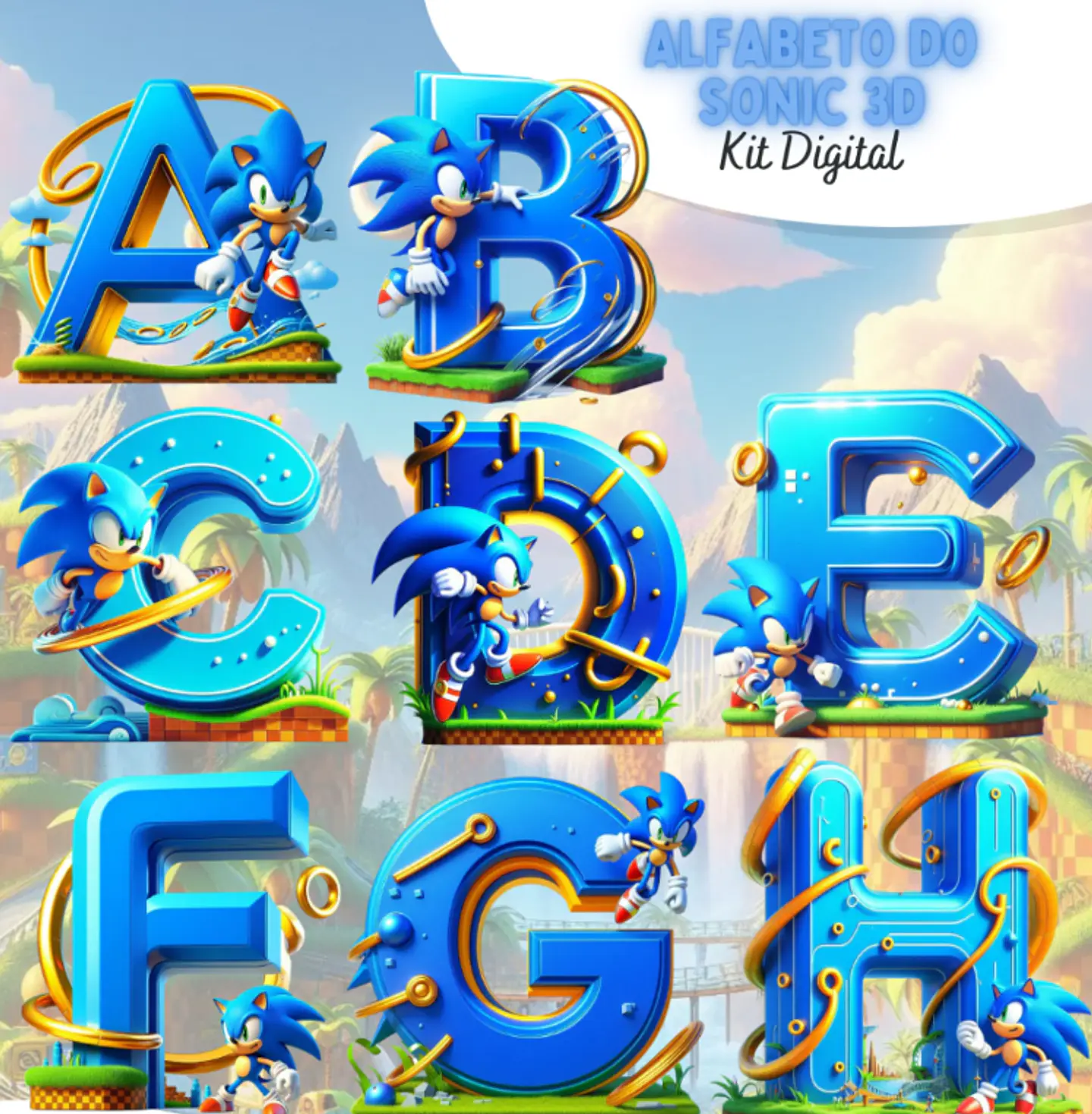 Kit Digital Alfabeto Sonic 3d Arquivo em Png 1