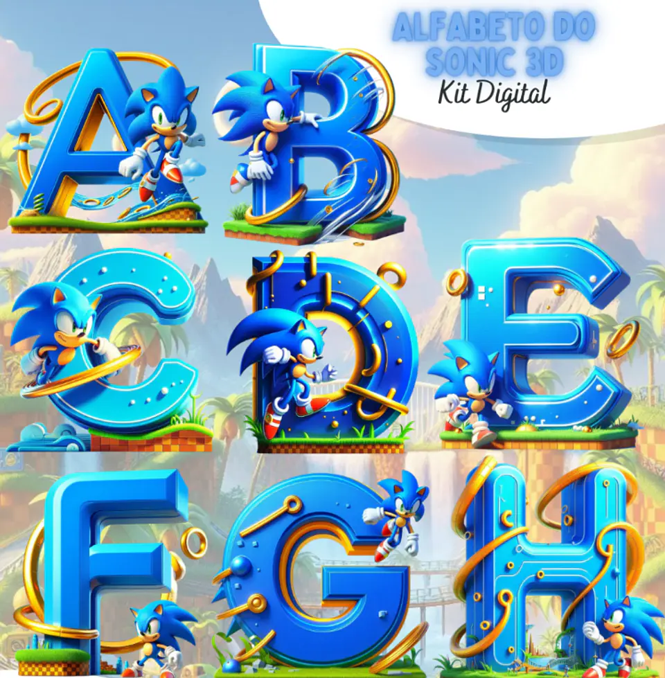 Kit Digital Alfabeto Sonic 3d Arquivo em Png 1