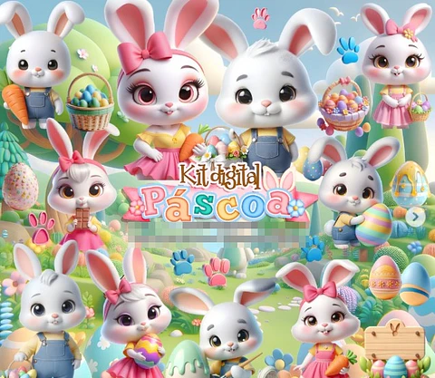 Kit Digital Páscoa Coelhinhos 3d em Png