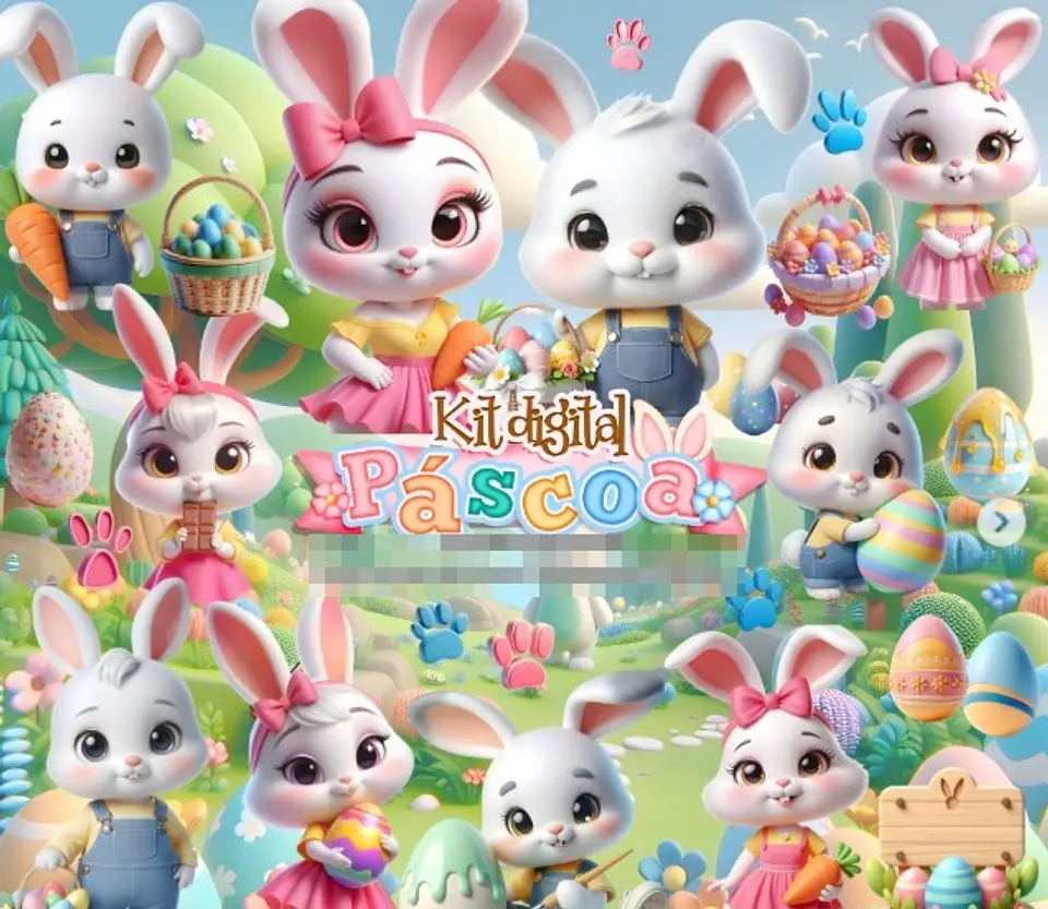 Kit Digital Páscoa Coelhinhos 3d em Png 1