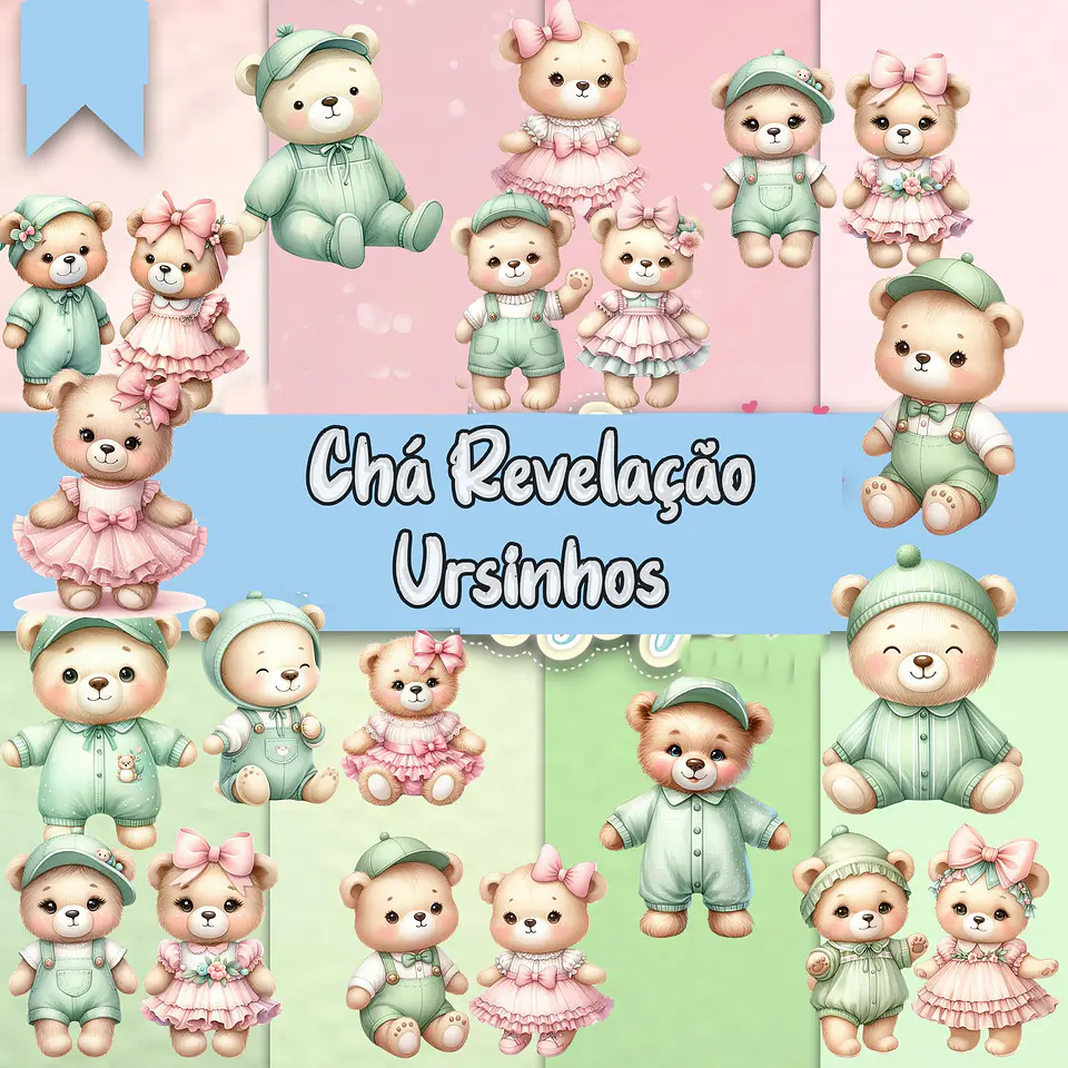 Kit Digital Chá Revelação Ursinhos Verde e Rosa Png  1