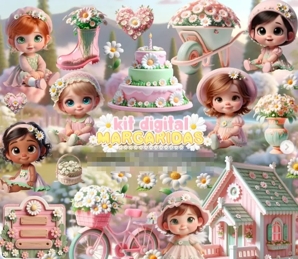 Kit Digital Margaridas e Mascotinhas 3d em Png 1