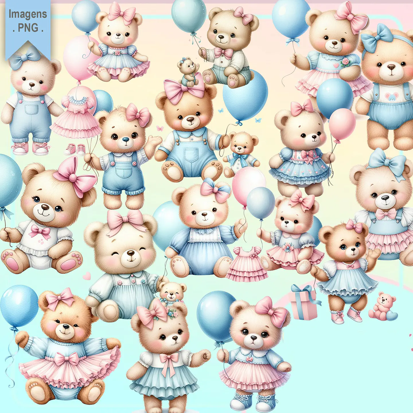 Kit Digital Ursinhas Azul e Rosa Png  1