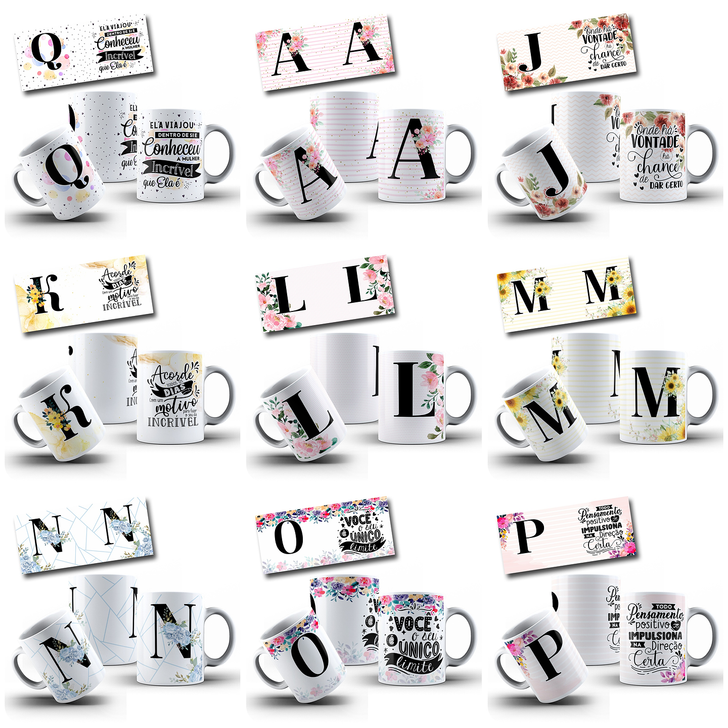 52 Artes para Caneca Alfabeto Floral Arquivo Editável  2