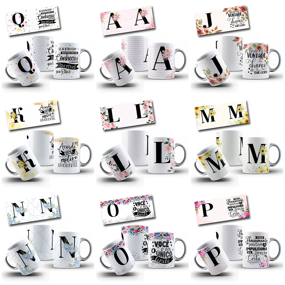 52 Artes para Caneca Alfabeto Floral Arquivo Editável  2
