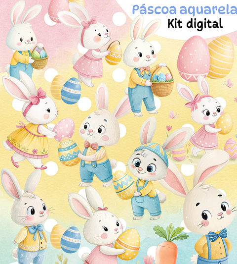 Kit Digital Pascoa Coelhinhos Aquarela Png