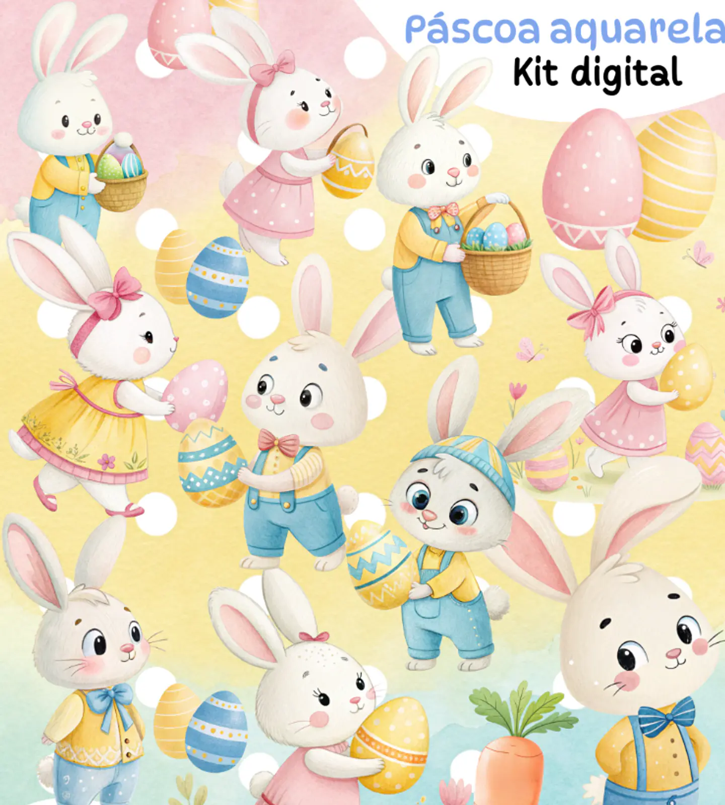 Kit Digital Pascoa Coelhinhos Aquarela Png 1