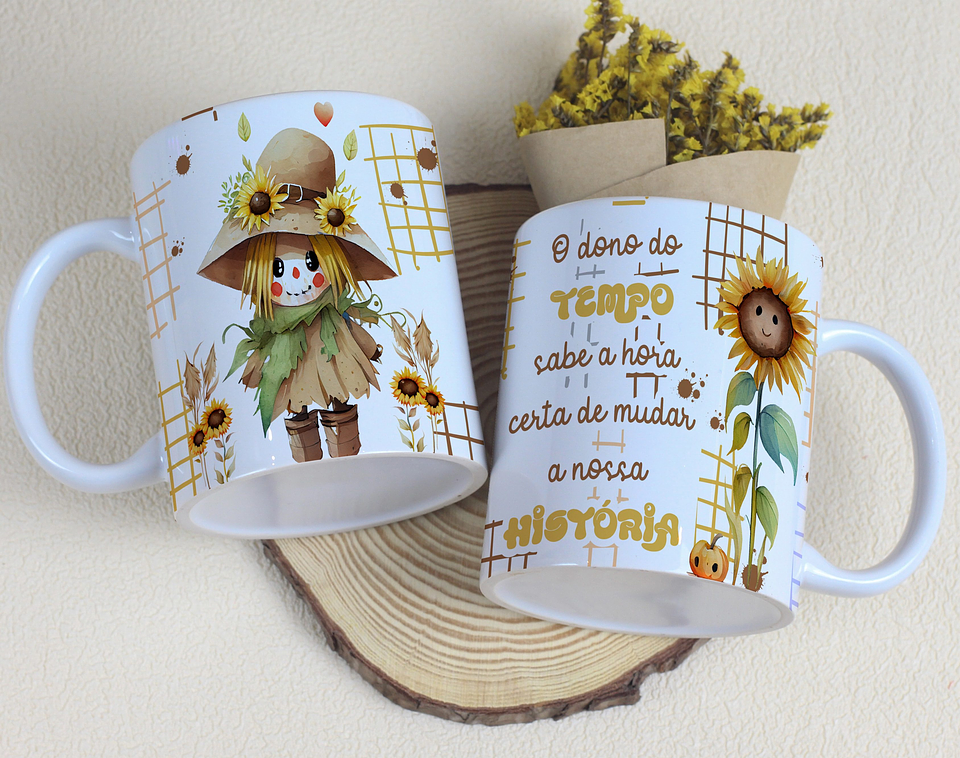Artes Caneca Espantalho Frase o dono do tempo sabe a hora certa de mudar a nossa História Arquivo em Editável 1