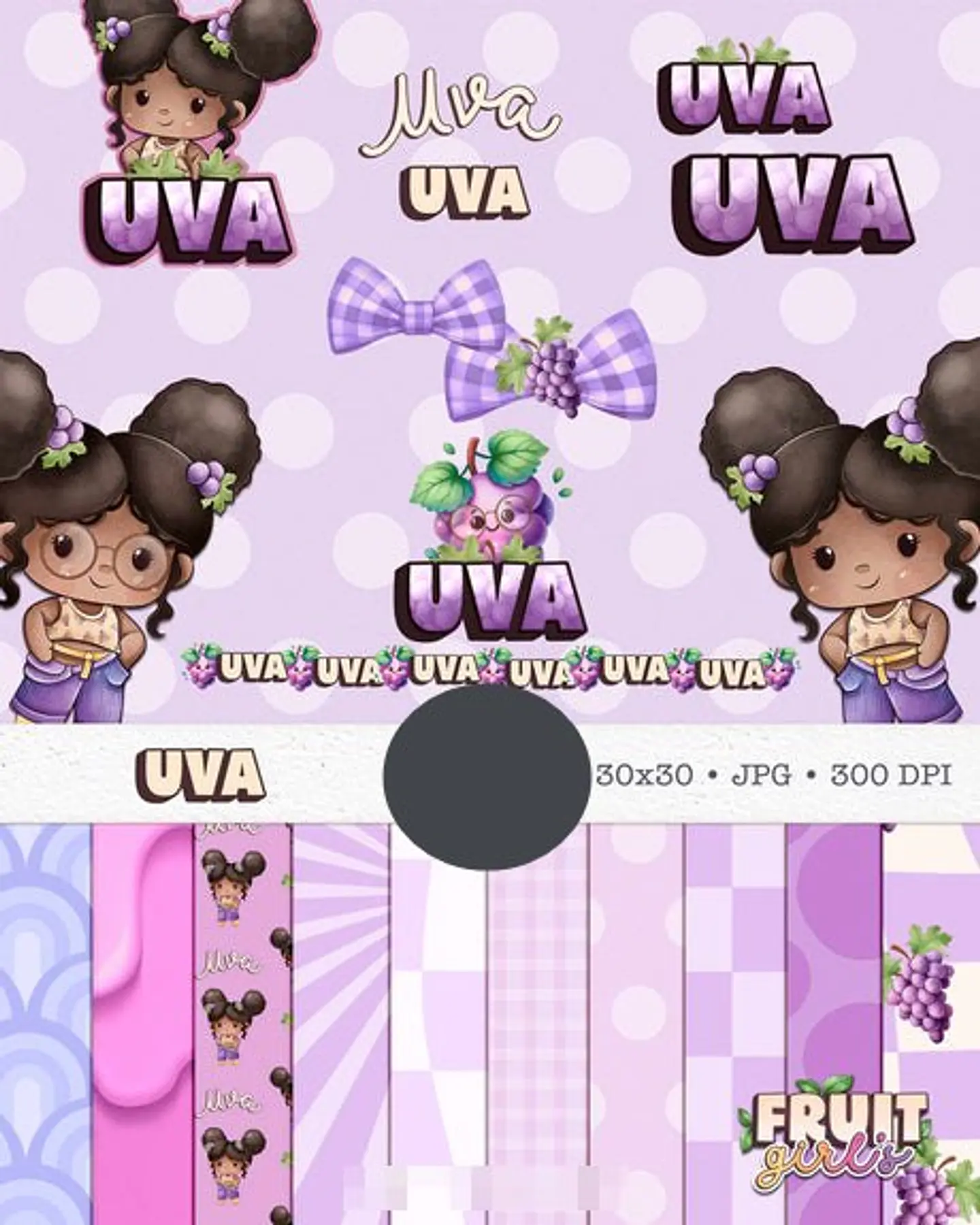 Kit Digital Boneca Cute Frutinhas Uva Aquarelado Png  1