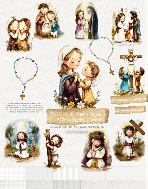 Kit Digital Mistérios do Santo Rosário Gozosos e Dolorosos Aquarelado Png 