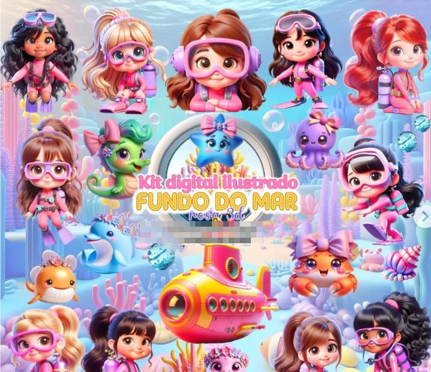 Kit Digital Fundo do Mar Rosa Arquivo em Png 1