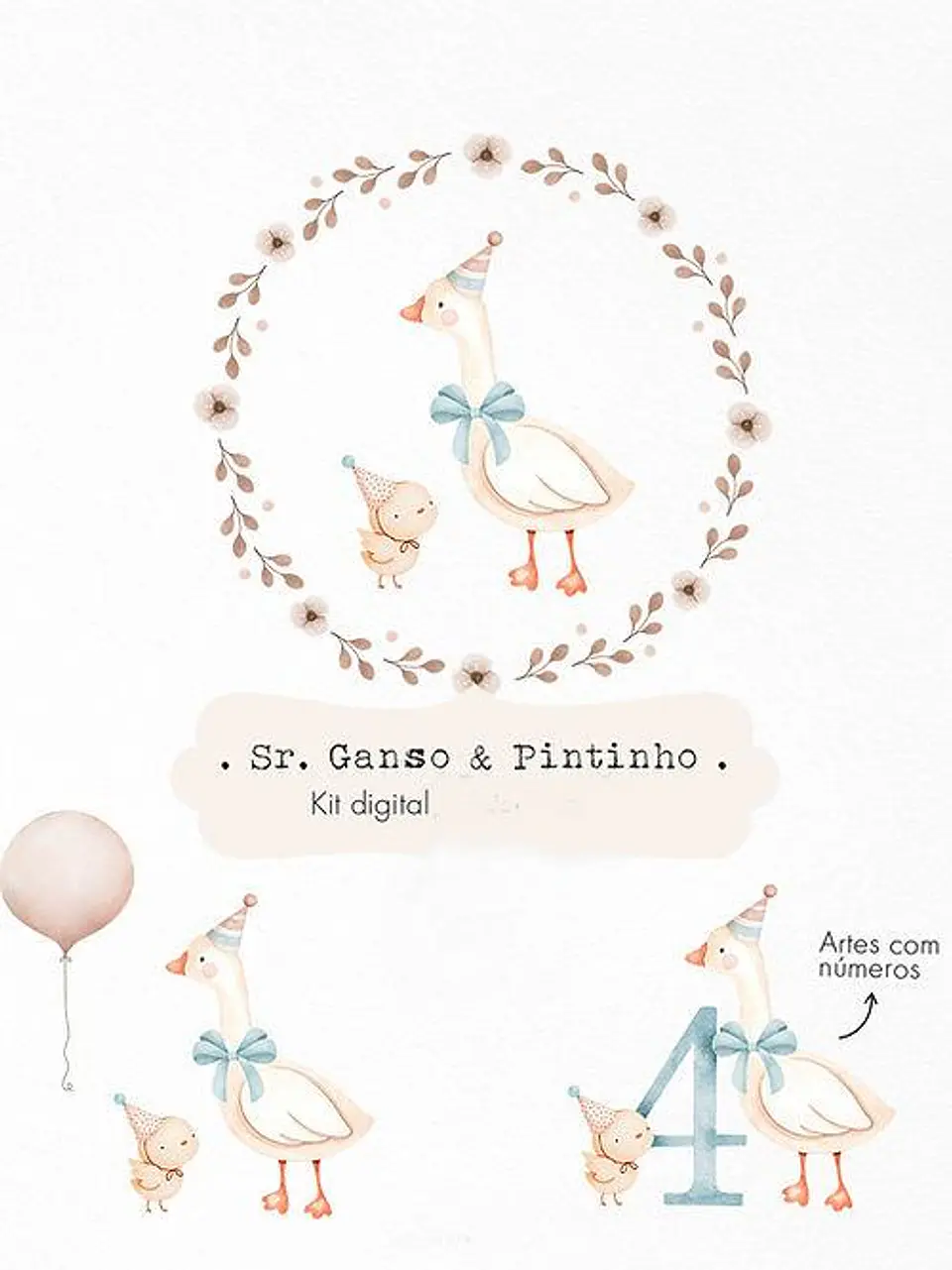 Kit Digital Sr Ganso e Pintinho Aquarela Numerais Arquivo em Png  1