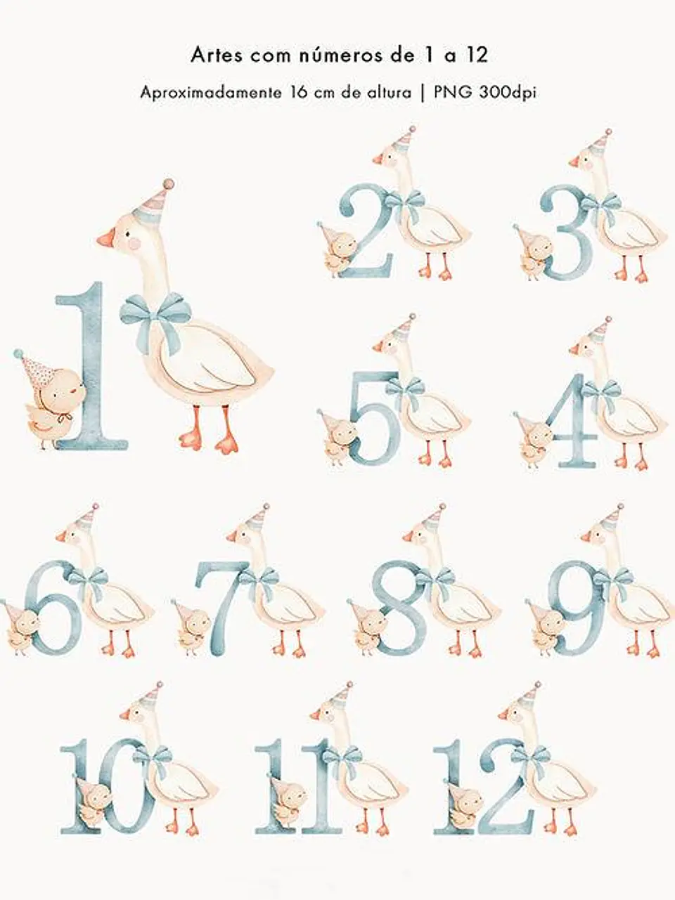 Kit Digital Sr Ganso e Pintinho Aquarela Numerais Arquivo em Png  2
