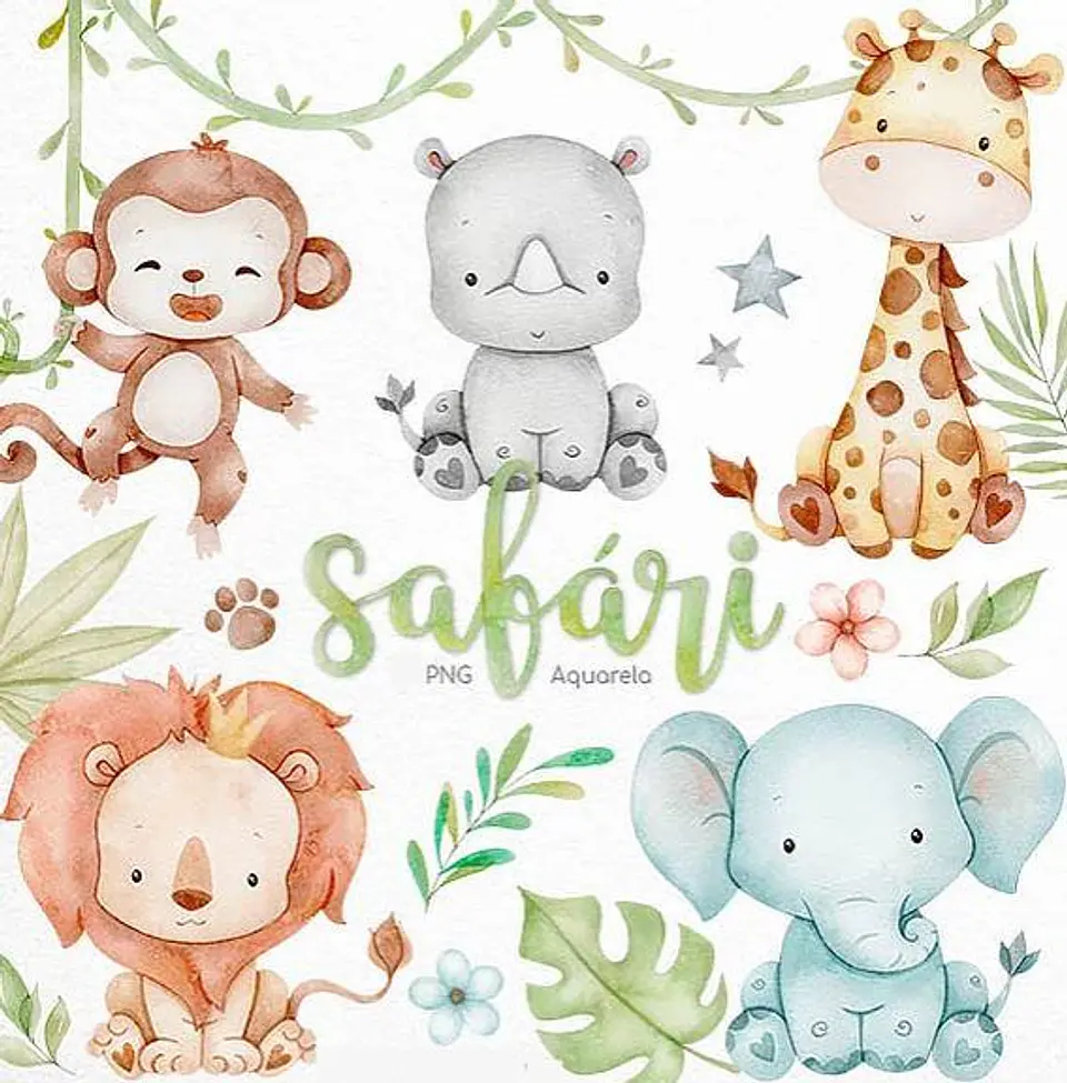 Kit Digital Safari Aquarelado Arquivo em Png  1