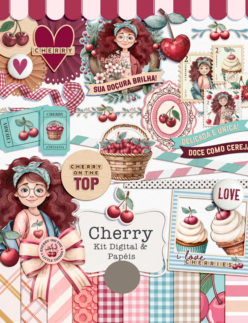 Kit Digital Cherry Cerejas Arquivo em Png 1