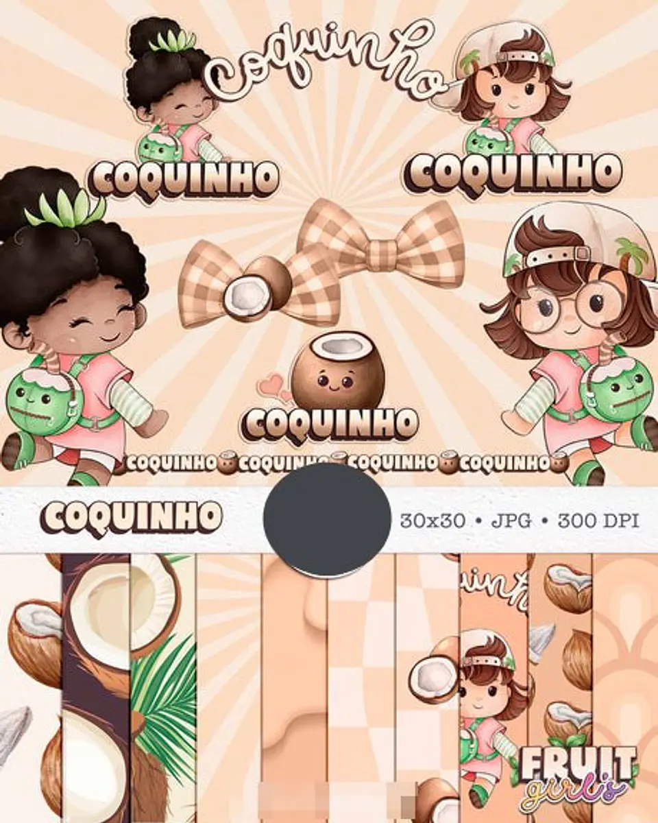 Kit Digital Boneca Cute Frutinhas Coco Aquarelado Png  1