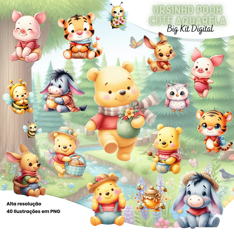 Kit Digital Ursinho Pooh Cute Arquivo em Png 1