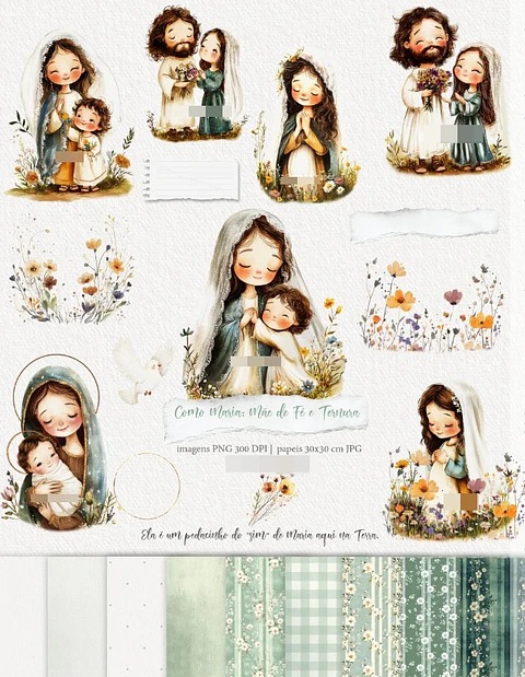 Kit Digital Maria Mãe de Fé e Ternura Aquarelado Png 