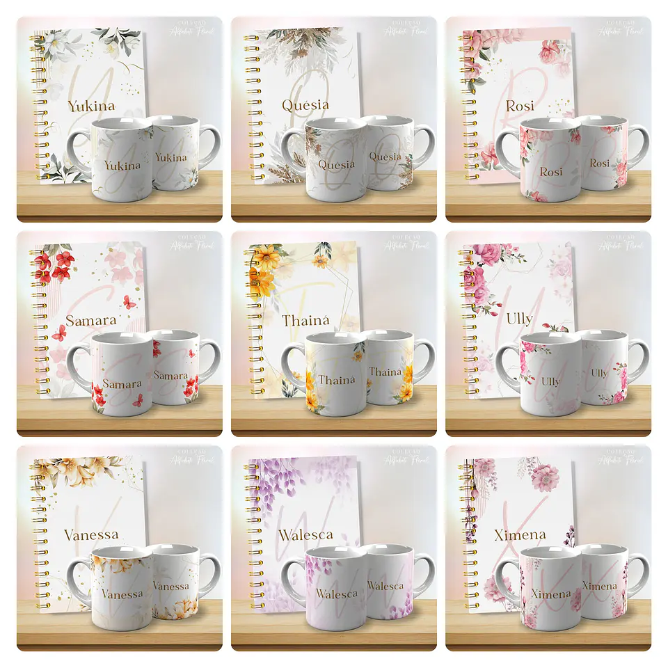 53 Artes para Caneca Alfabeto Floral Arquivo Editável  2