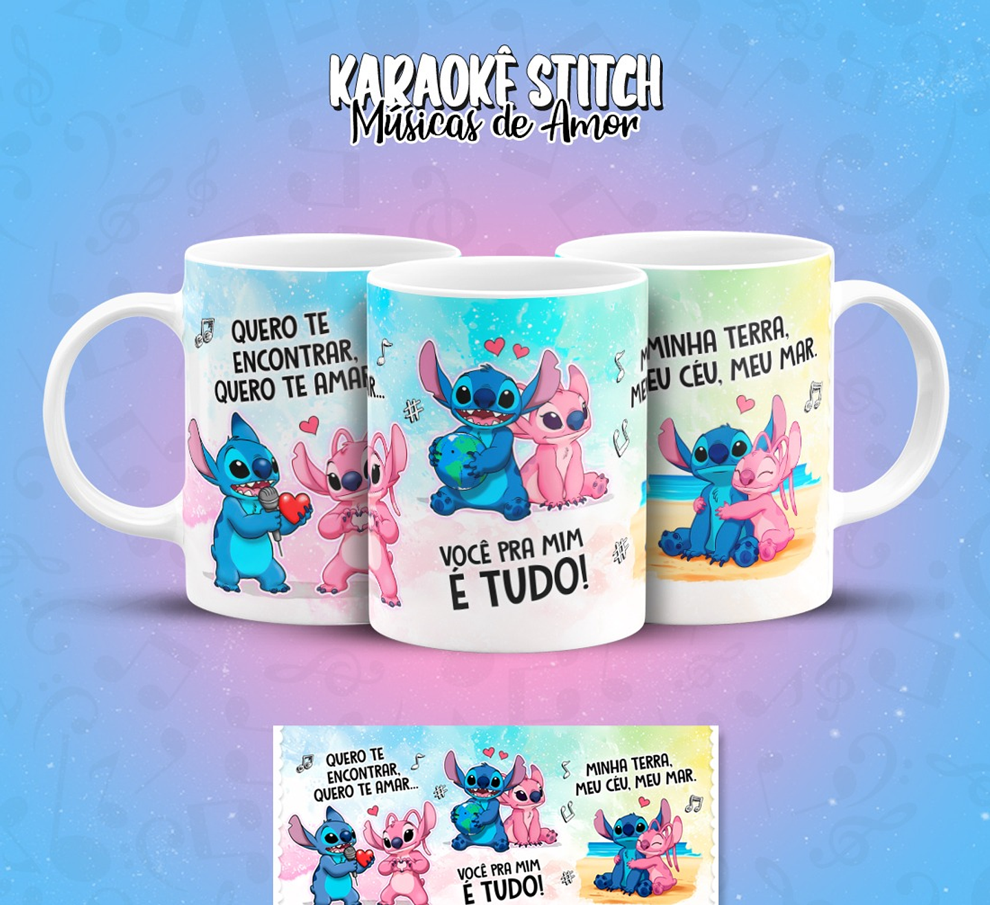 11 Artes para Caneca Karaokê Stitch Músicas de Amor Arquivo em Png  1