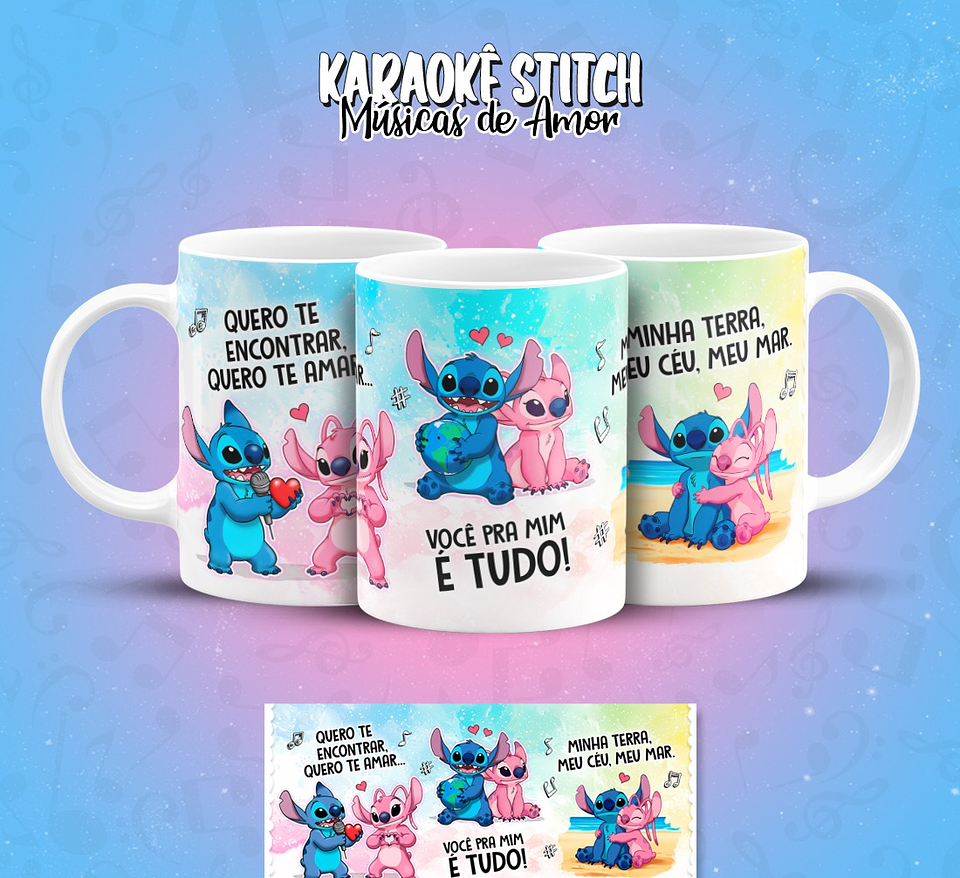 11 Artes para Caneca Karaokê Stitch Músicas de Amor Arquivo em Png  1
