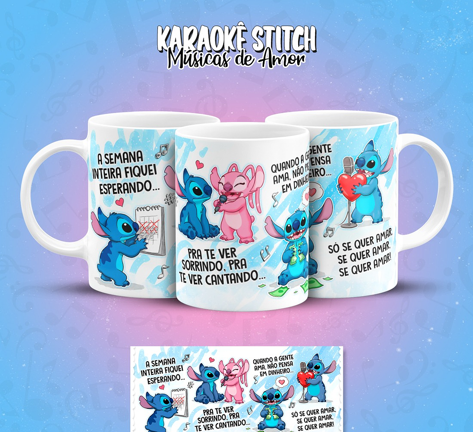 11 Artes para Caneca Karaokê Stitch Músicas de Amor Arquivo em Png  2