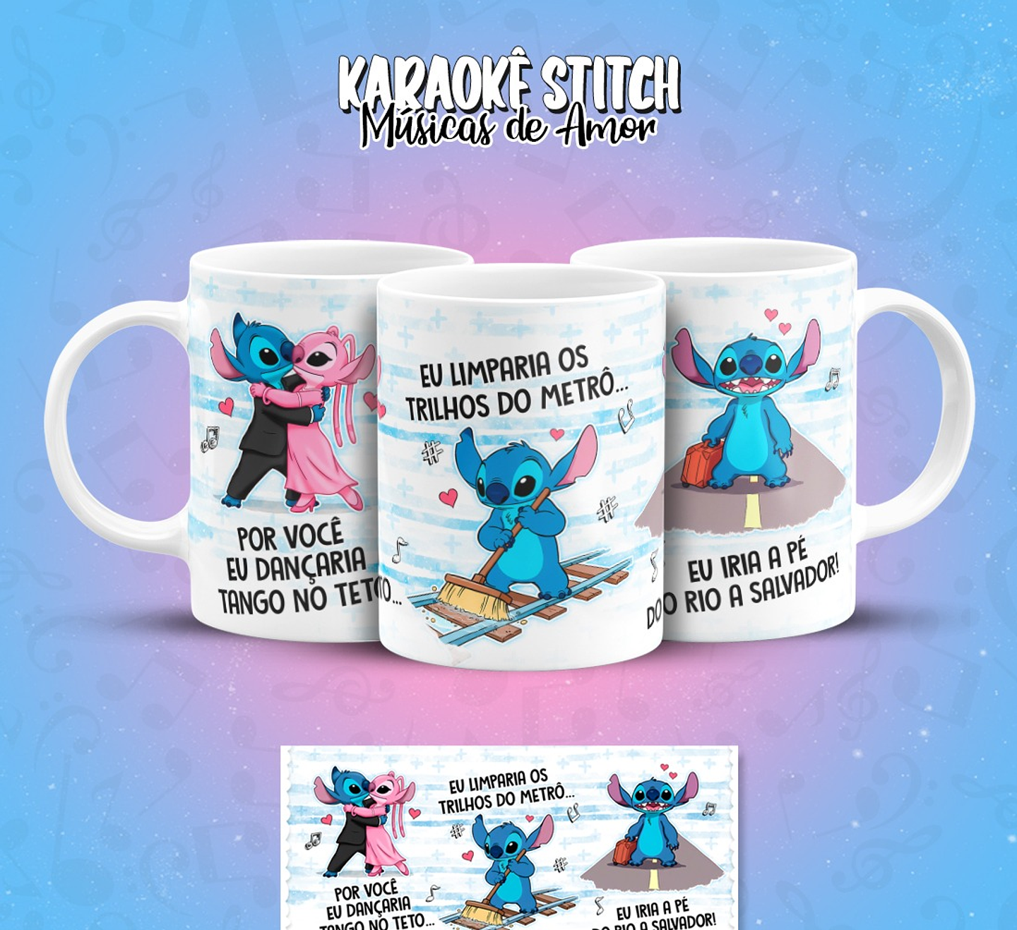 11 Artes para Caneca Karaokê Stitch Músicas de Amor Arquivo em Png  3
