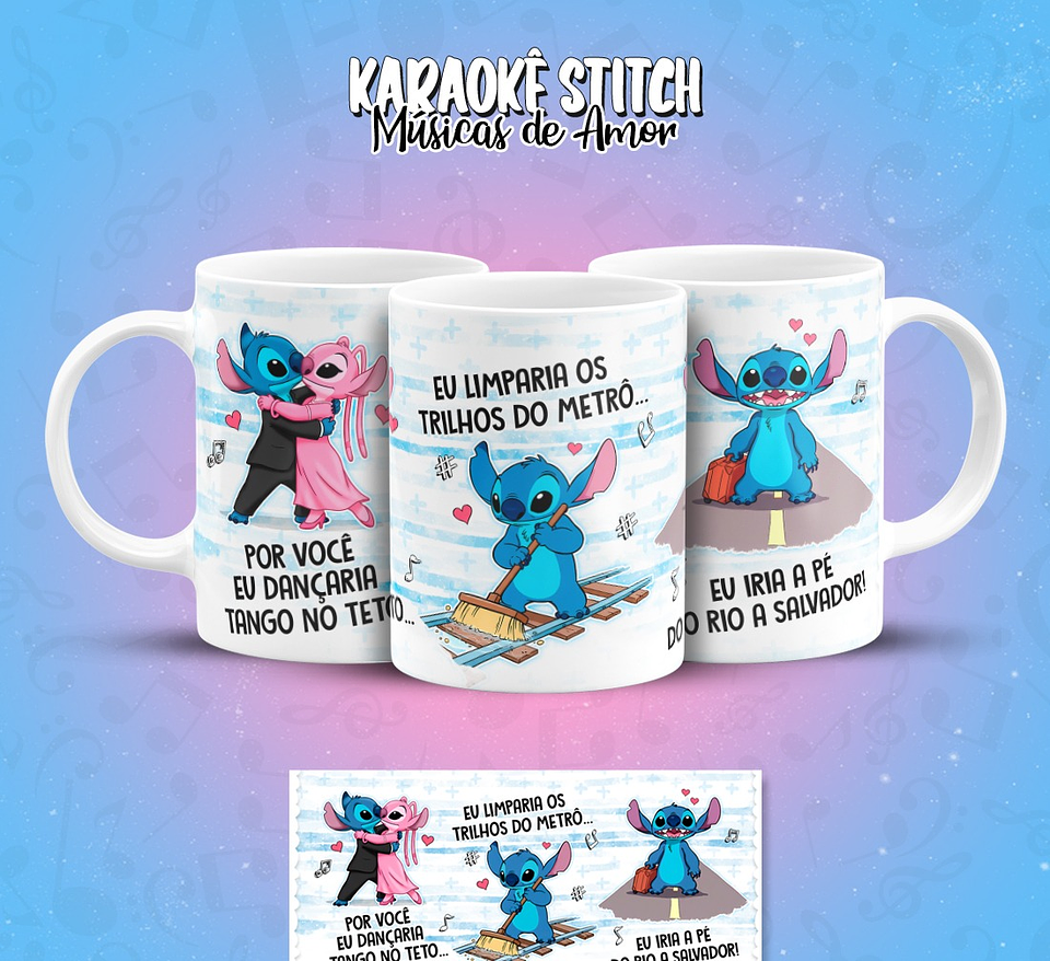 11 Artes para Caneca Karaokê Stitch Músicas de Amor Arquivo em Png  3