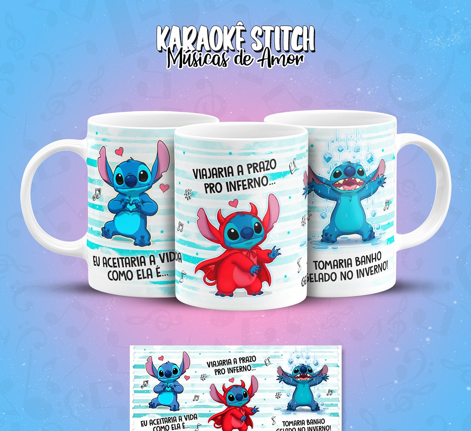 11 Artes para Caneca Karaokê Stitch Músicas de Amor Arquivo em Png  4