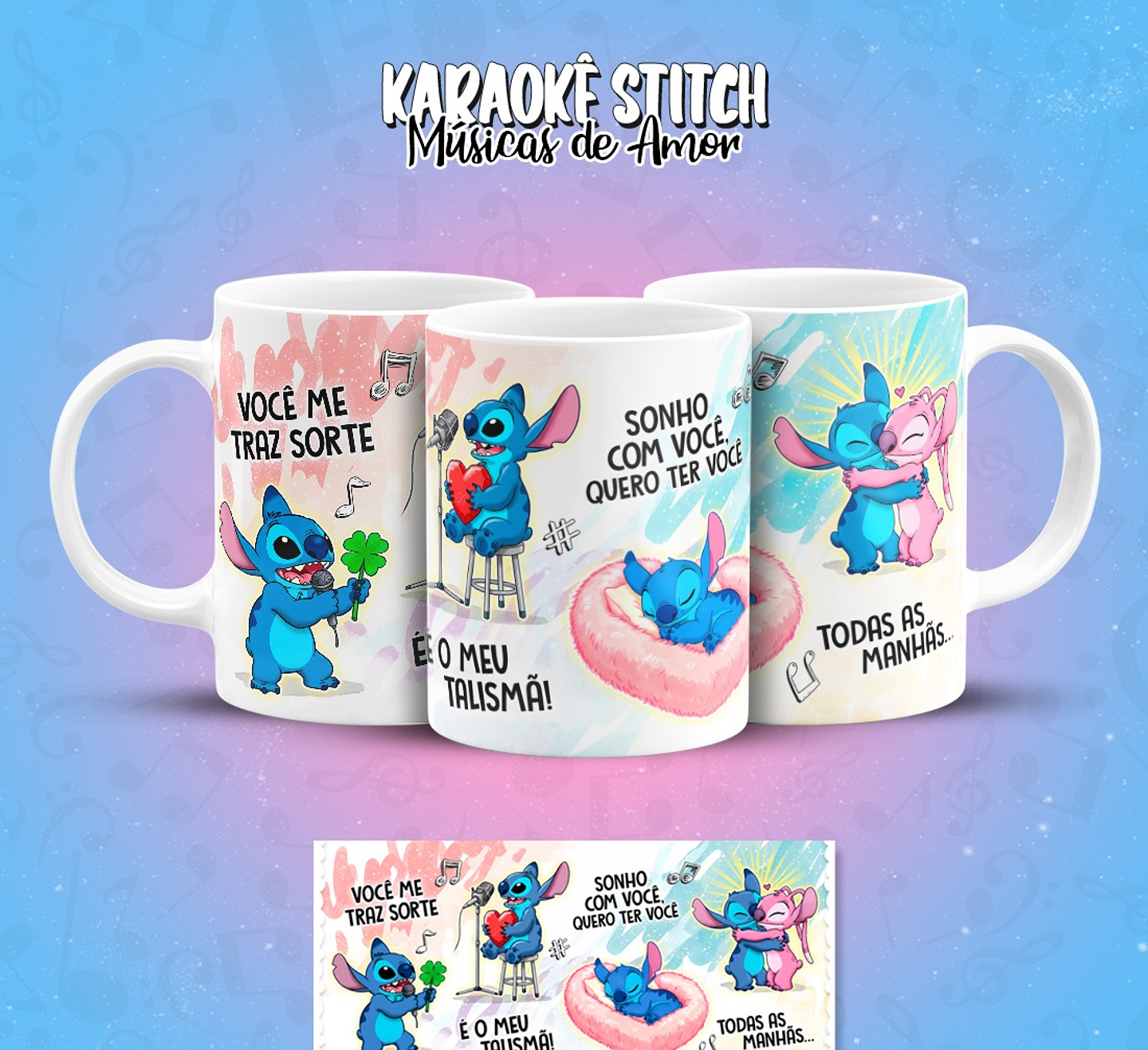 11 Artes para Caneca Karaokê Stitch Músicas de Amor Arquivo em Png  6