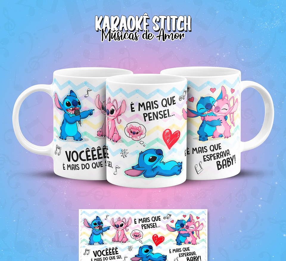 11 Artes para Caneca Karaokê Stitch Músicas de Amor Arquivo em Png  7