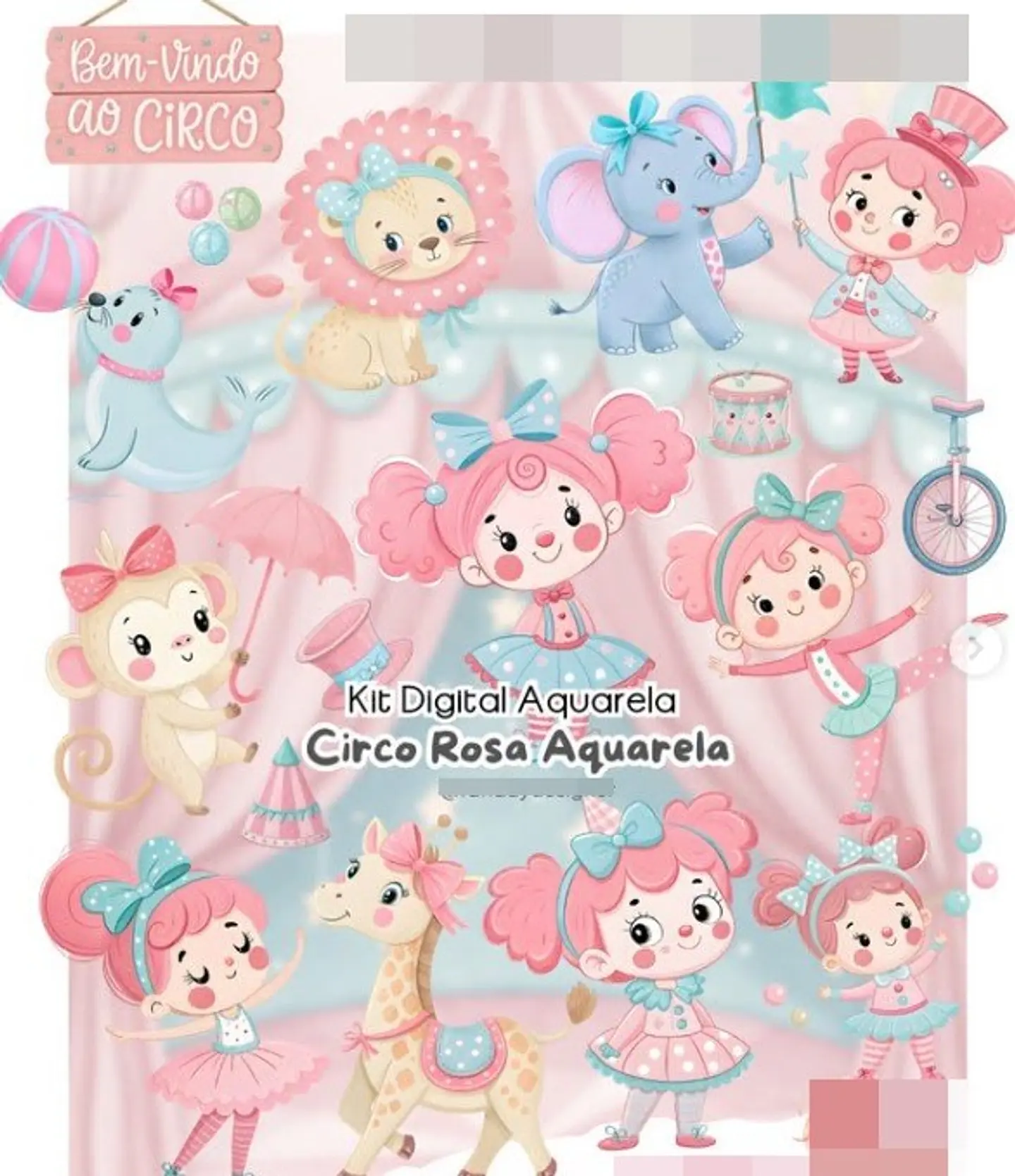 Kit Digital Circo Rosa Aquarela Arquivo em Png  1